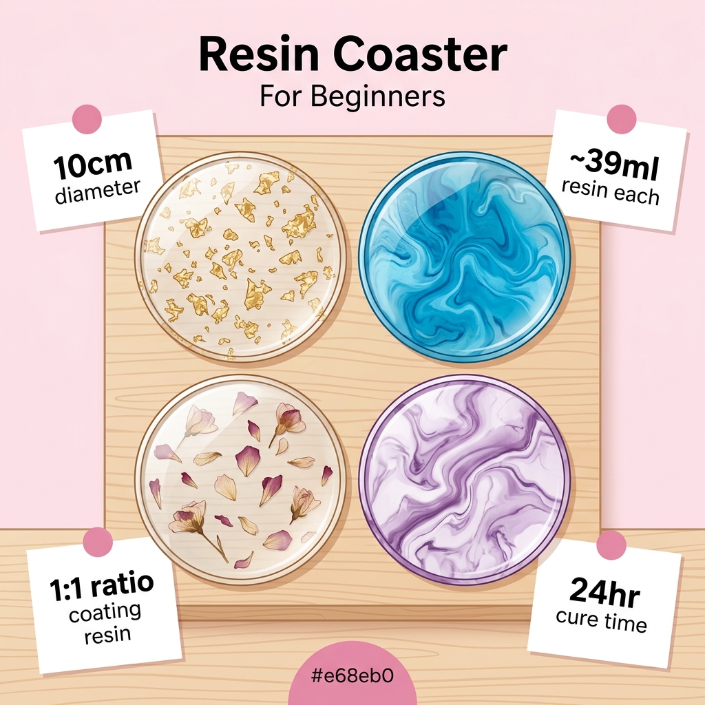 Beautiful finished resin coasters with different designs — gold leaf, ocean swirl, dried flowers, and marble effect