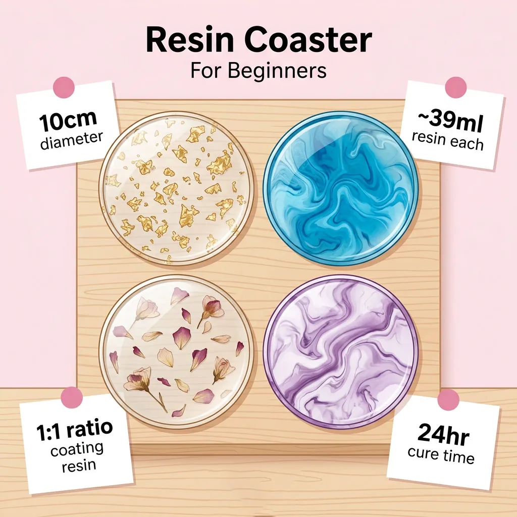 Beautiful finished resin coasters with different designs — gold leaf, ocean swirl, dried flowers, and marble effect