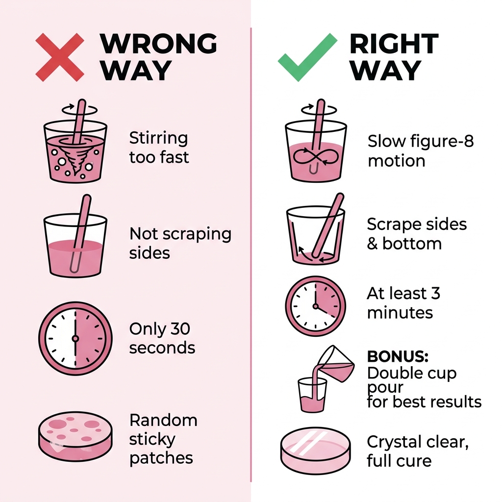 Proper vs improper resin mixing technique — the difference between sticky patches and a perfect cure