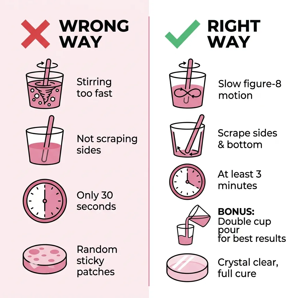 Proper vs improper resin mixing technique — the difference between sticky patches and a perfect cure