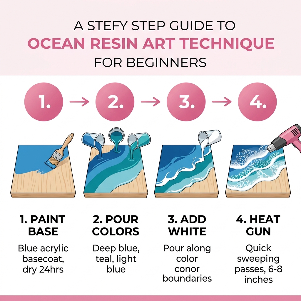 Step-by-step ocean resin art technique — base coat, pour colors, add white waves, heat gun for cells