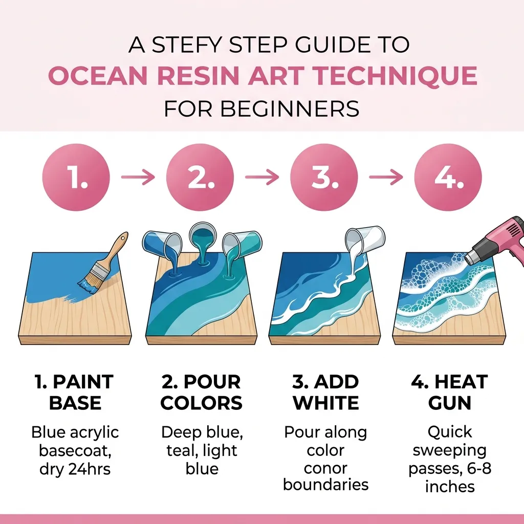 Step-by-step ocean resin art technique — base coat, pour colors, add white waves, heat gun for cells
