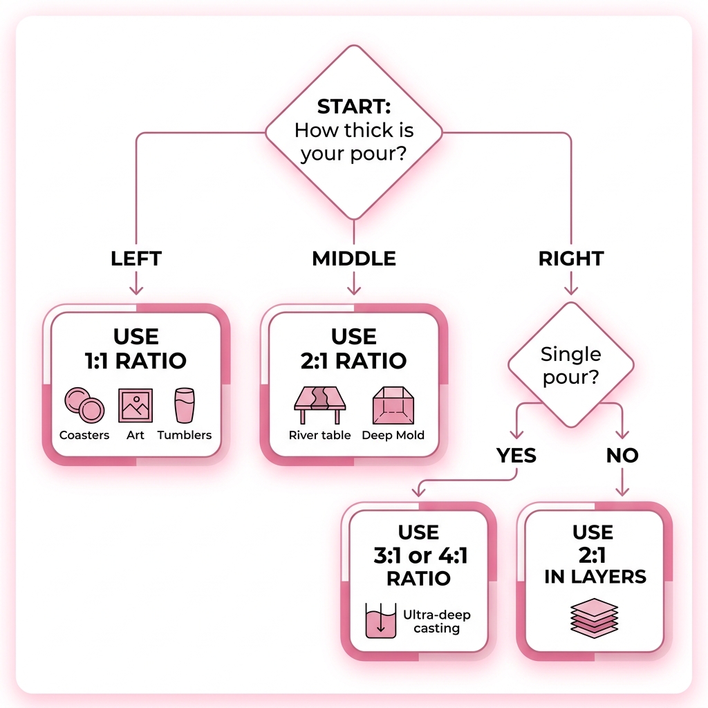 Decision flowchart for choosing the right epoxy resin mixing ratio based on pour depth