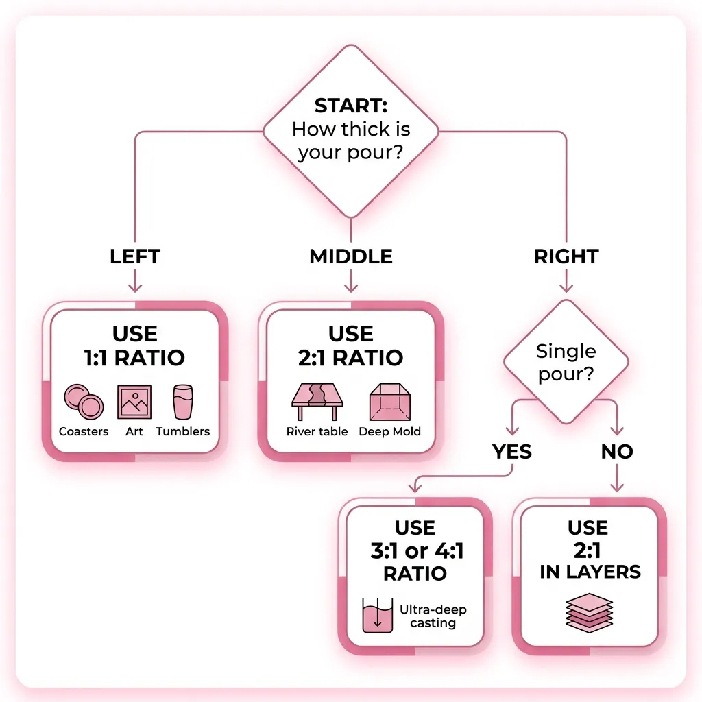 Decision flowchart for choosing the right epoxy resin mixing ratio based on pour depth