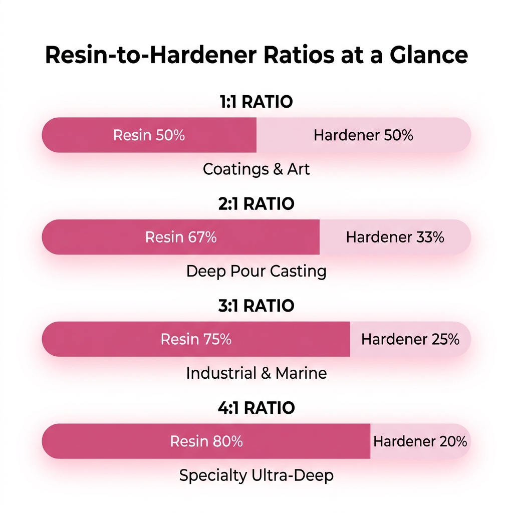 Visual comparison of resin-to-hardener proportions across all four common mixing ratios