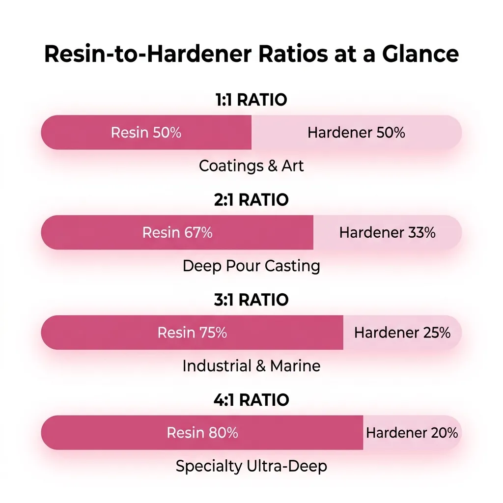 Visual comparison of resin-to-hardener proportions across all four common mixing ratios