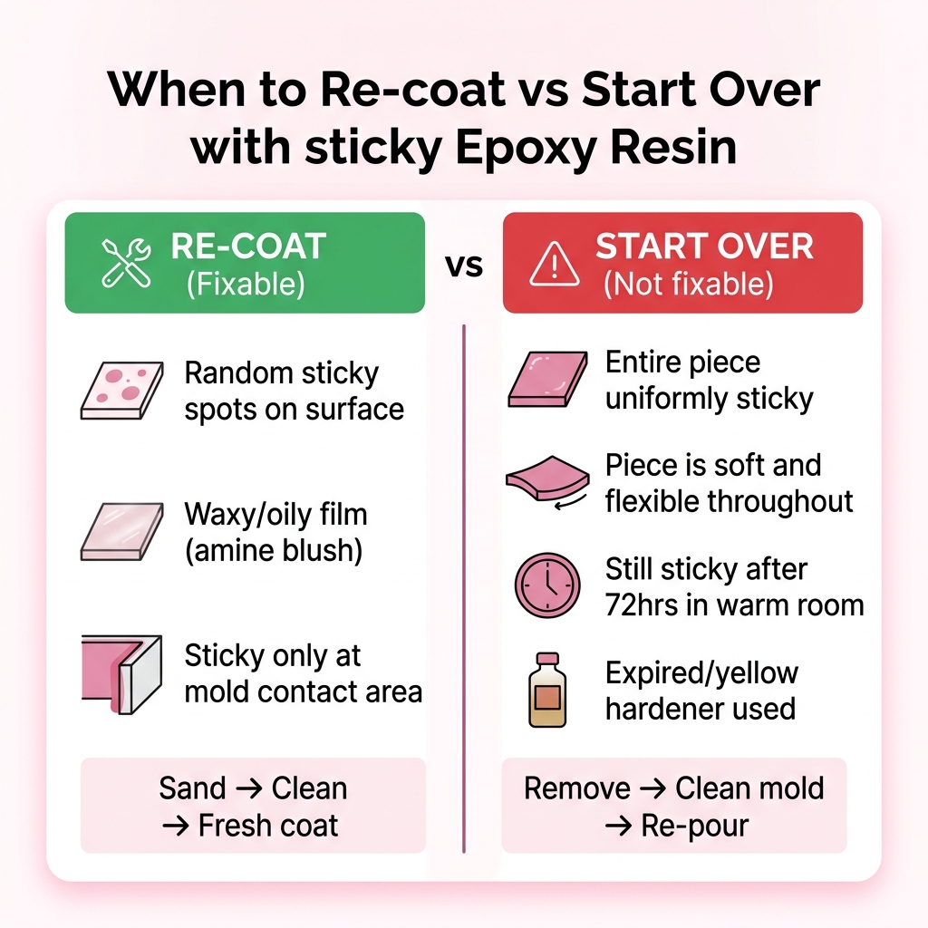 Visual guide showing when you can re-coat a sticky piece vs when you need to start over