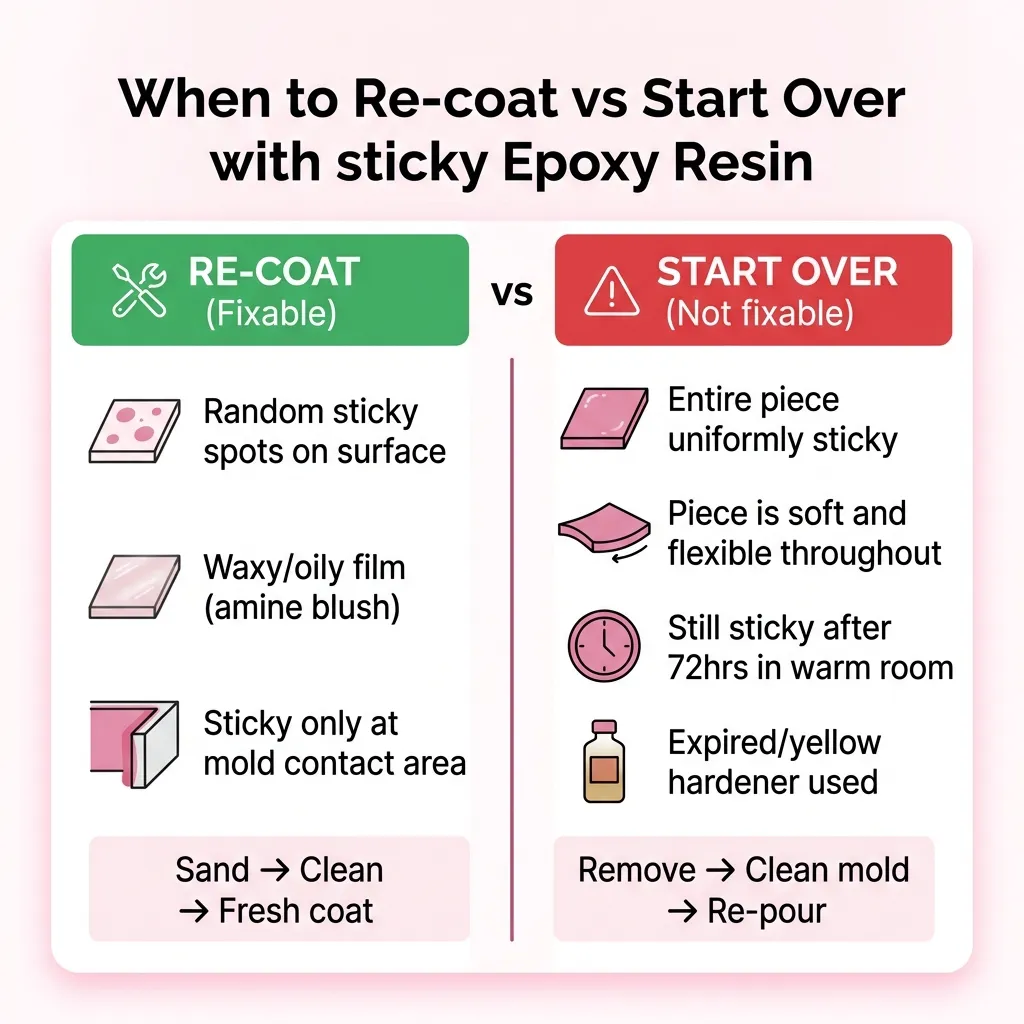 Visual guide showing when you can re-coat a sticky piece vs when you need to start over