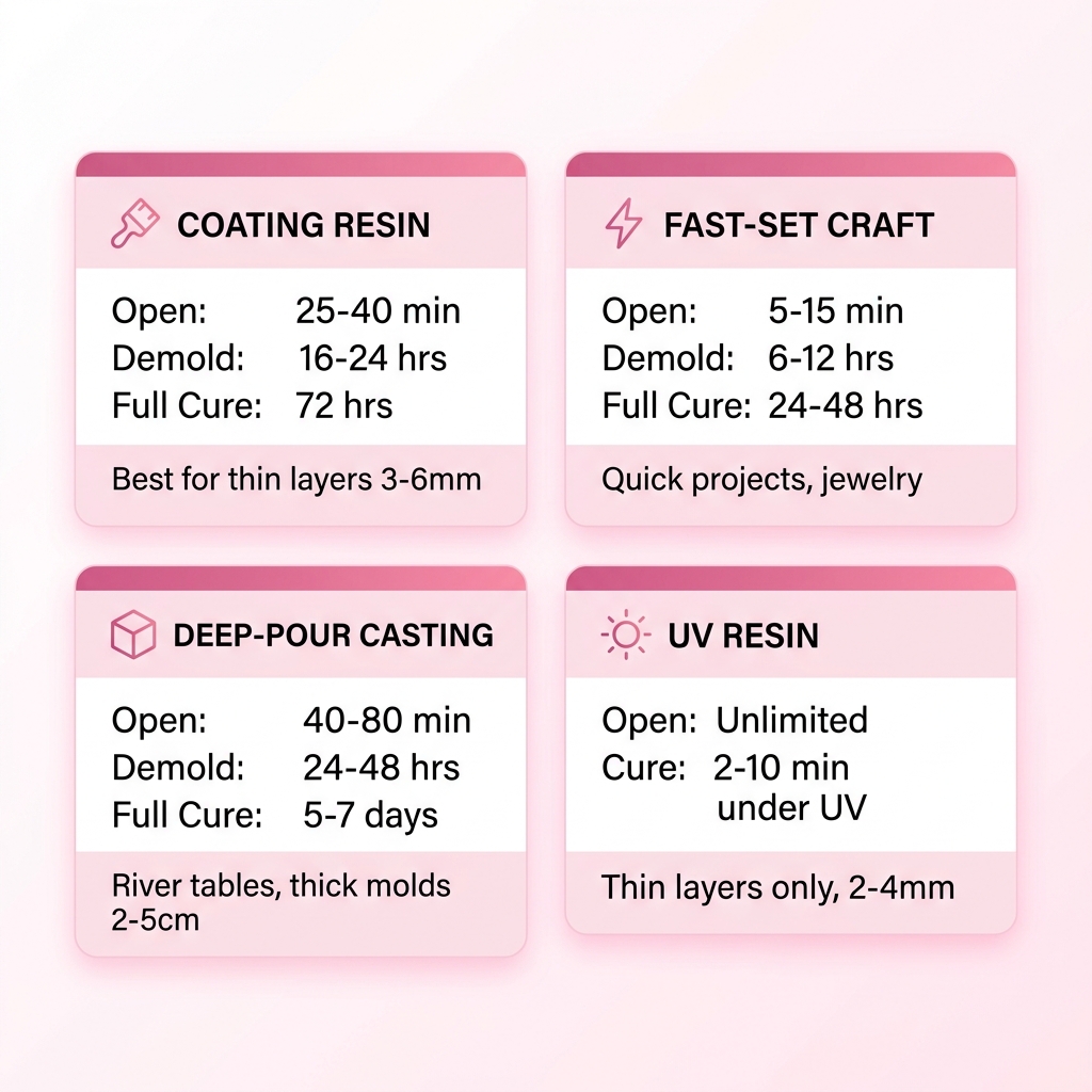 Visual comparison of cure times across different resin types