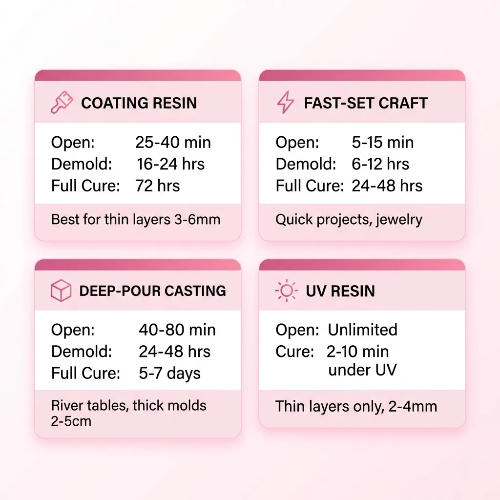 Visual comparison of cure times across different resin types