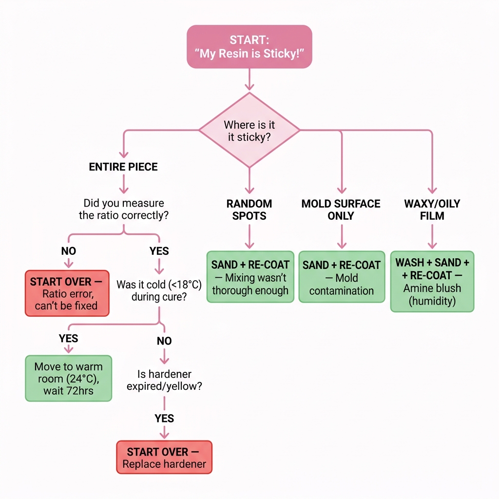 Diagnostic flowchart for troubleshooting sticky epoxy resin — follow the path to find your specific cause and solution