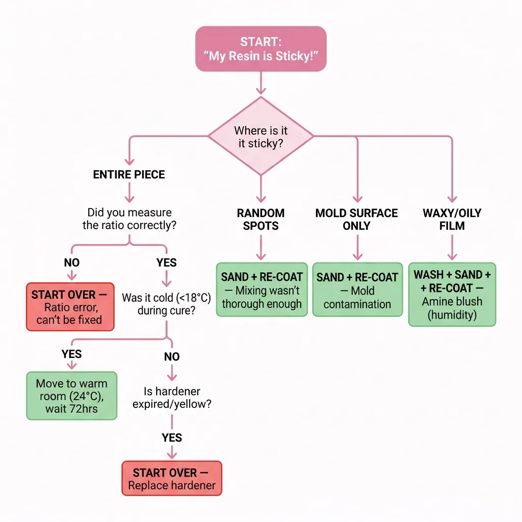 Diagnostic flowchart for troubleshooting sticky epoxy resin — follow the path to find your specific cause and solution