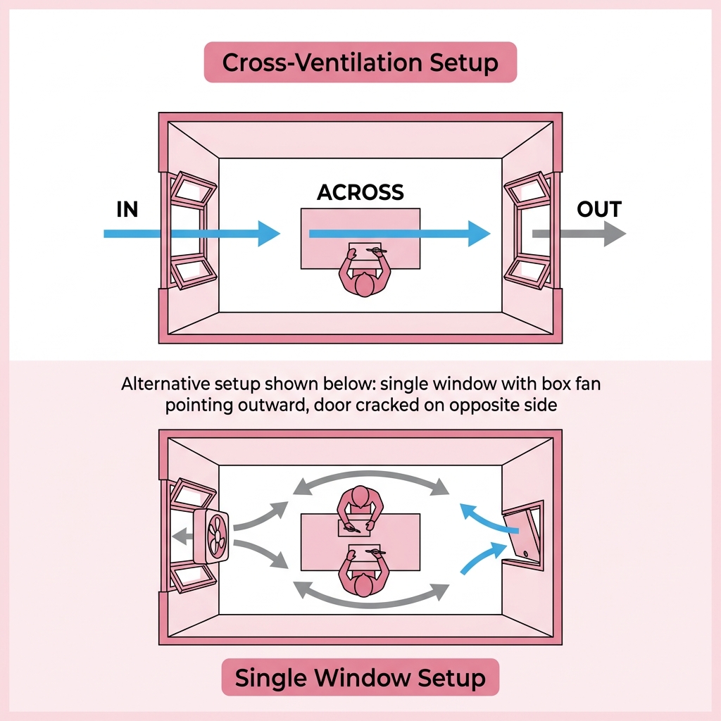 Proper cross-ventilation setups for a resin workspace — two-window and single-window configurations